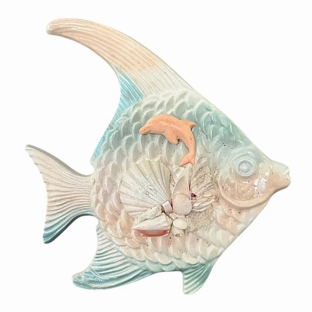 Angel Fish Chalkware Wall Nautical Decor Shells Vintage 1960’s 13”